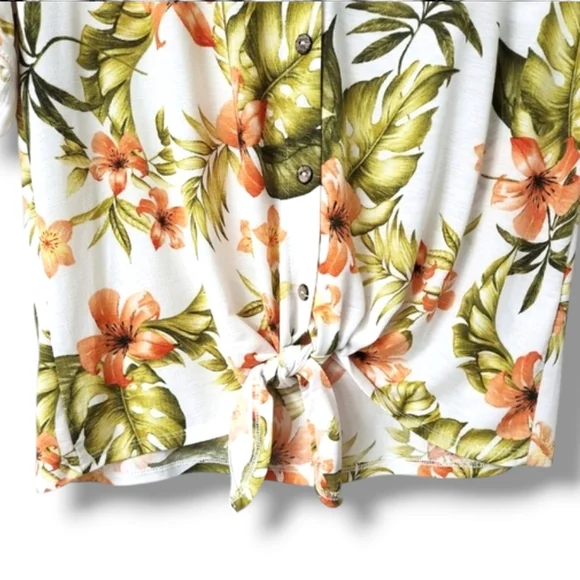 NAIF Tropical Floral Print Roll-Tab Tie Front Casual Top - Picture 6 of 8